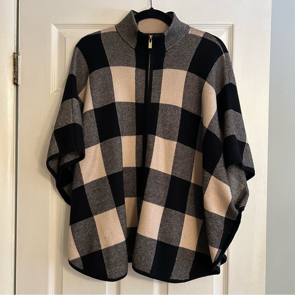 Jones New York cream black check poncho cotton wool blend with zipper size S/M - Picture 9 of 9